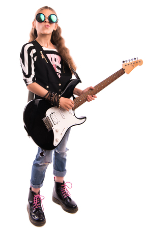 girl with a guitar on a white backgroundの写真素材