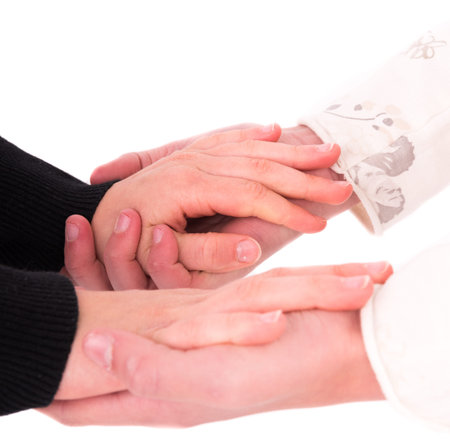 children's hands close-up on a white background