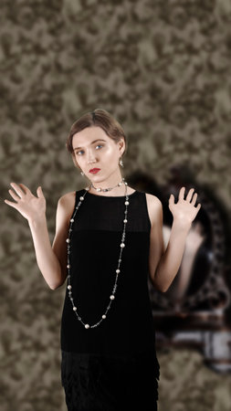 Retro photography, 1920 style. Girl in a black dress, hair waves. The background is out of focus.