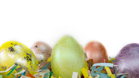 Colorful Easter eggs on stands, with paper decor of different colors. With free space.