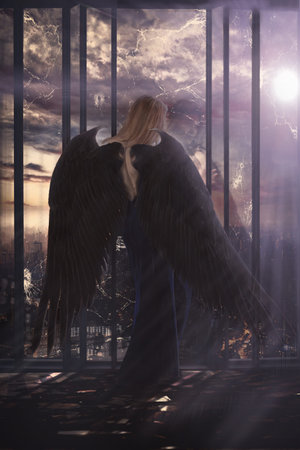 Girl angel with black wings, looking out of a tall building with broken Windows on the city. To the right, the sun is shining brightly and rays are breaking through the haze. There are shards of glass on the floor.の写真素材