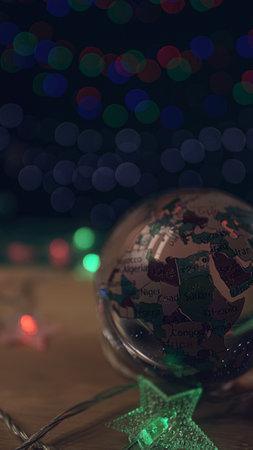 glass ball, globe, christmas atmosphere. The background bokeh. Garlands in the shape of stars.の写真素材
