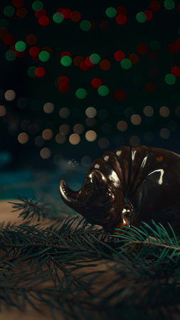 Christmas composition. Christmas gift, brown glass bull, spruce branches on a wooden table. Selective focus.の写真素材