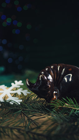 Christmas composition. Christmas gift, porcelain brown bull, spruce branches on a wooden table. Electoral focus.の写真素材