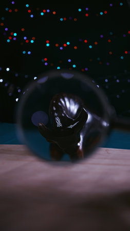 Christmas composition. A Christmas gift, a porcelain brown bull kind of magnifying glass on a wooden table. Electoral focus.の写真素材
