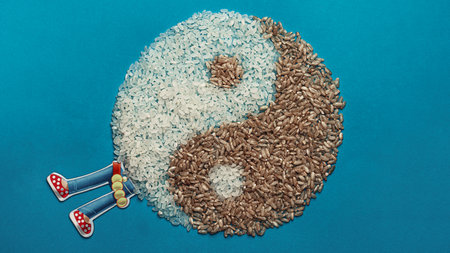 Light and dark rice. Yin and Yang symbol. On a turquoise background. Asian food.の写真素材