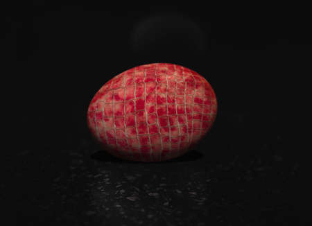 The egg is decorated with red reptile skin. against a black background. A sile trick. Easter egg.の写真素材