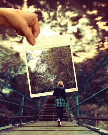 A girl in a plaid dress and a leather black jacket walks across a wooden bridge. In the front of the...