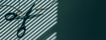 Scissors cut the thread. In the background is a shadow from the blinds. Place for text, hairdresser, office space on the windows of the blinds.の写真素材