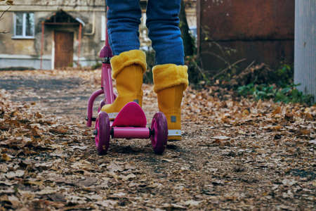 A girl in yellow rubber boots, riding a pink scooter. Autumn, leaves lie on the paved sidewalk.の写真素材