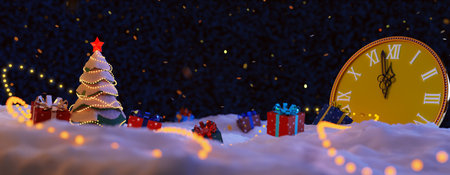 A New Year's composition, an elegant Christmas tree with a red star and garlands stands on the snow,...
