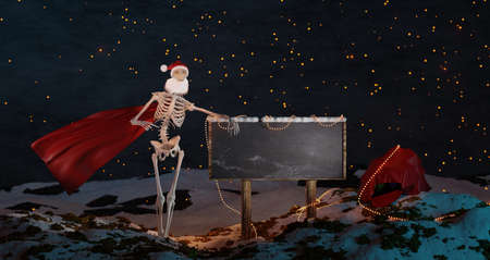New Year's, Christmas, Halloween composition, a skeleton in a New Year's red hat and raincoat, stands leaning back and points to an empty banner. Nearby lies a red bag with gifts, garlands are randomly arranged and glow on different objects. 3D.の写真素材
