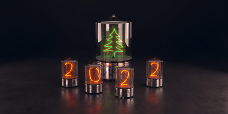 Gas-discharge indicators, numbers 2022, in the background is a large indicator with a green glow in...
