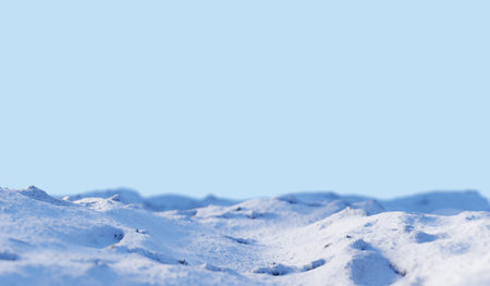 3D render. Winter background with snow, blue sky in the background. A place for text and copyright....
