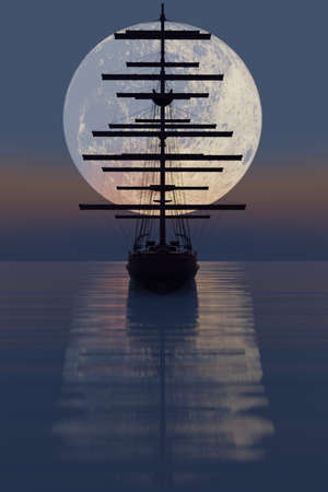 Silhouette of a sailing carabler with masts, floating on the ocean, against the background of a large moon. 3D rendering. Sail the sea.の写真素材