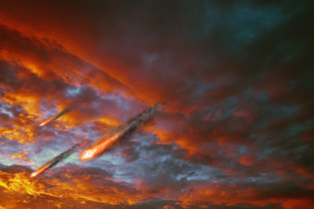 Fiery evening sunset, orange-blue color. Cumulus clouds from which meteorites fly. meteor shower of...