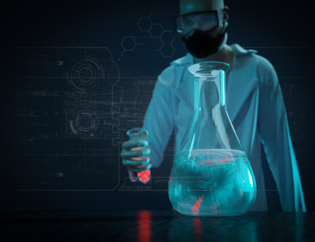 A man in a white coat holds a test tube with an unknown crest substance in his hand, a large filled flask stands in front of the doctor. selective focus. 3d renderer.の写真素材