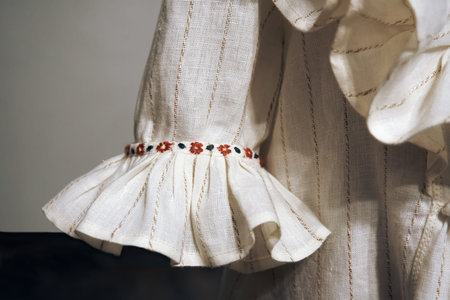The sleeve of a white, cavity dress made of linen with embroidered patterns. selective selective...