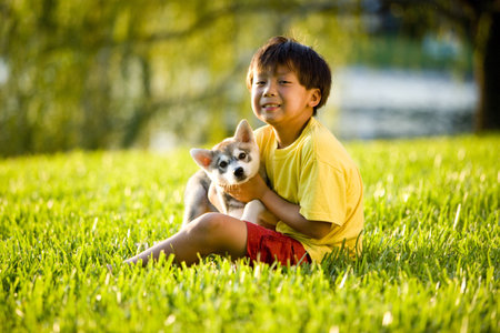 Young Asian boy holding Alaskan Klee Kai puppy sitting on grassの写真素材