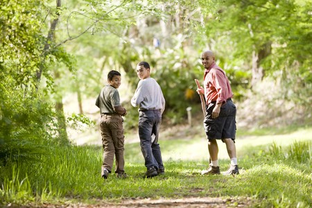 Rear view of father and two sons hiking on trail in woodsの写真素材