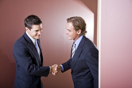 Businessmen wearing suits shaking handsの写真素材