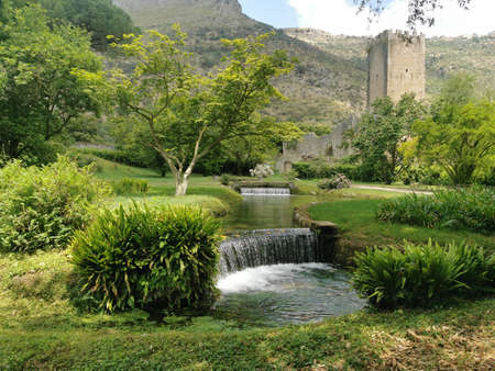 garden of water lilies and castle of sermoneta enchanting viewsのeditorial素材
