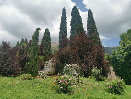 garden of water lilies and castle of sermoneta enchanting viewsのeditorial素材