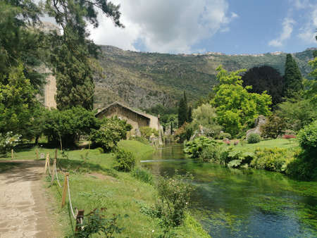 garden of water lilies and castle of sermoneta enchanting viewsのeditorial素材