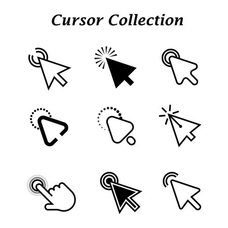 Pointer click icon. Clicking cursor, pointing hand clicks and waiting loading icons. Website arrows or hands cursors tools, computer interface button. Vector isolated symbols collectionのイラスト素材