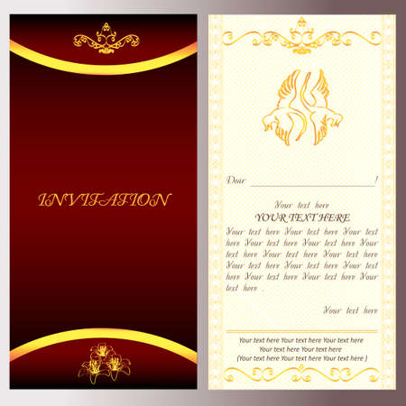 golden invitation for holiday card with text vector, easy to edit, magic flower, magic birdのイラスト素材