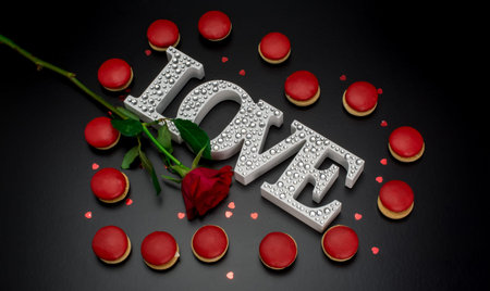 tasty red macaroons on black background red rose and LOVE