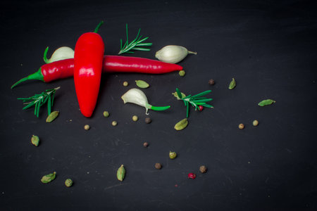 red hot chili  with herbs on blackの写真素材