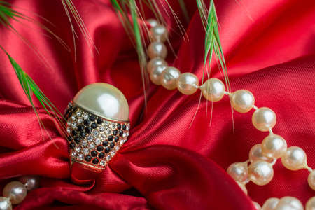 red background with jewelryの写真素材