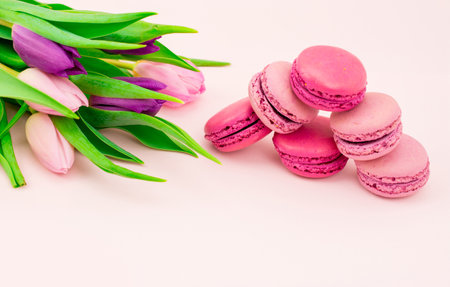 colorful background with berry and flowers and macaroonsの写真素材