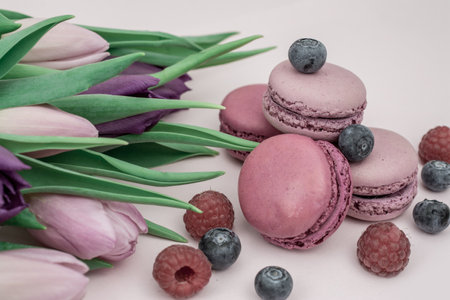 colorful tasty macaroons on colorful backgroundの写真素材