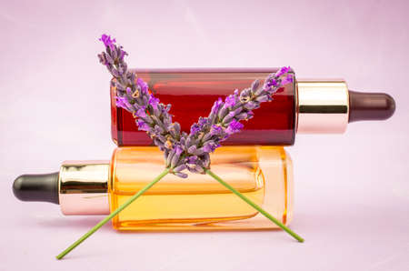 lavender flowers and oil on pink backgroundの写真素材