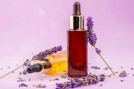 lavender flowers and oil on pink backgroundの写真素材