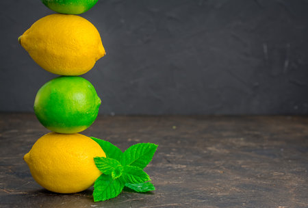 fresh lemon and lime with fresh mintの写真素材