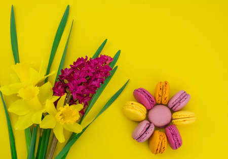 colorful background with biscuits macaroons and berryの写真素材