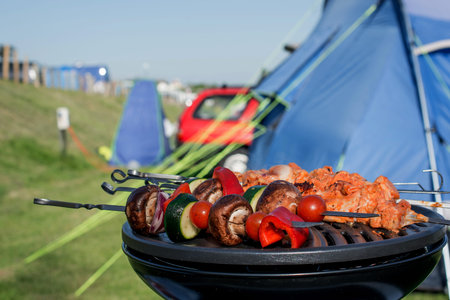 grillet meat and vegetables on grill in campsite