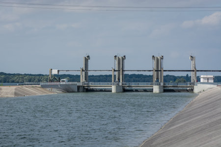 Franch canals and rivers dam and bridge in dark day
