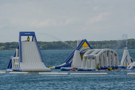 Inflatable slide bounce or water sliders at water parkのeditorial素材