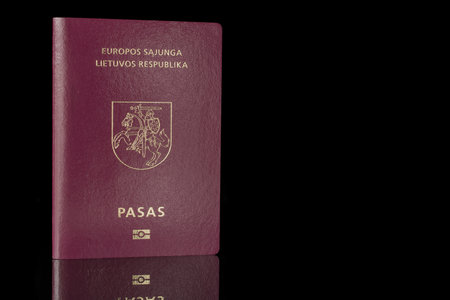 Ukrainian passport on black background with reflection. Space for textの写真素材