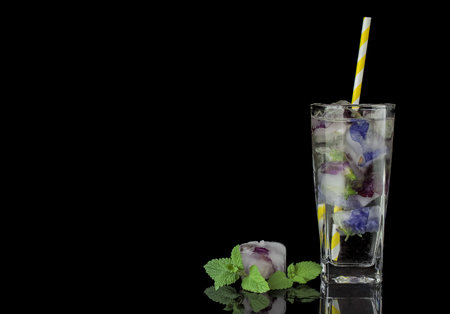 Glass with ice, cold water fresh mint and edible flowersの写真素材