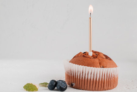 blueberry muffin and fresh scattered blueberries  on a surface.の写真素材