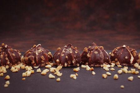 Chocolate candies with nuts on a dark background. Selective focus.の写真素材