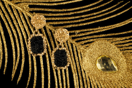 Gold earrings on a black background with gold sequins. Close-up.の写真素材