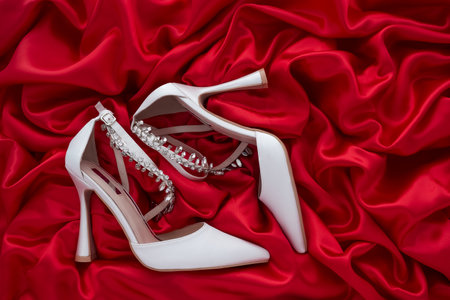 Wedding shoes on a red satin background, top viewの写真素材
