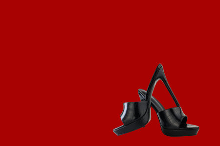 Black high heel shoes isolated on red background. 3d illustration.