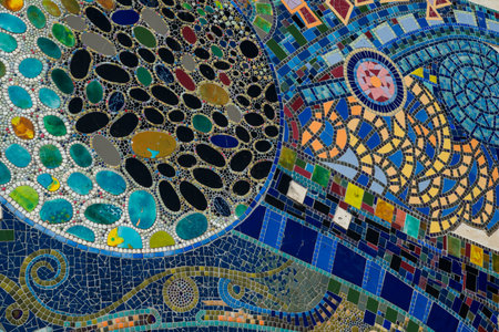 Detail of a mosaic in the Park Guell in Barcelona, Spainの写真素材
